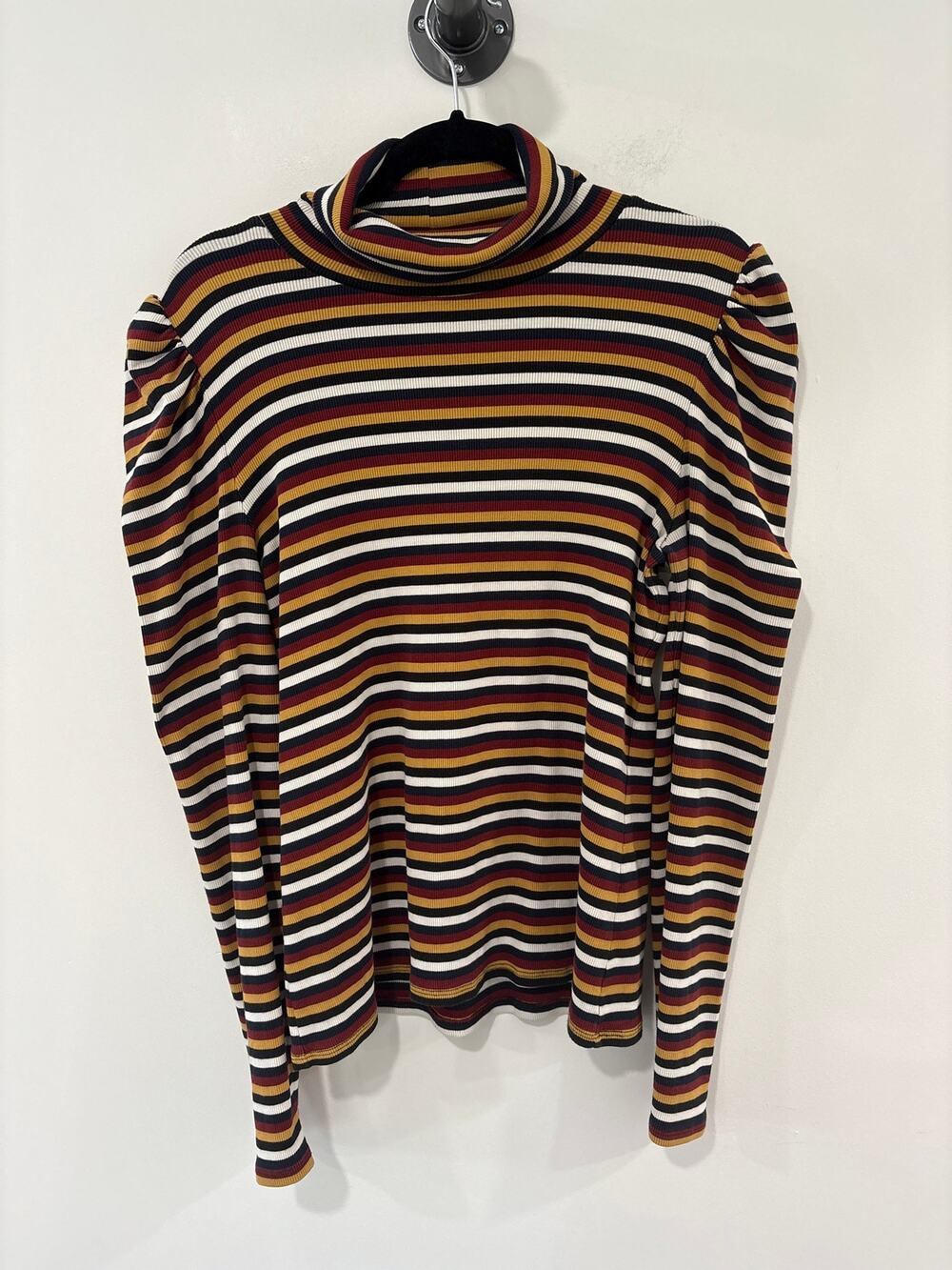 Veronica Beard Striped Ribbed Puff Sleeve Turtleneck Top Size L